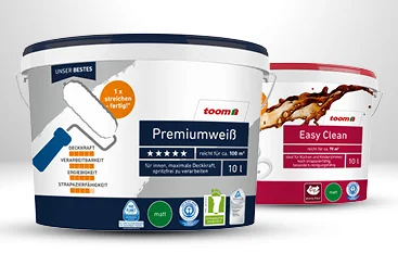 Zwei Farbeimer mit weißer und roter Farbe.